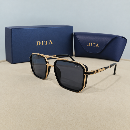 DITA Gold and Black Double-Bridge Square Sunglasses