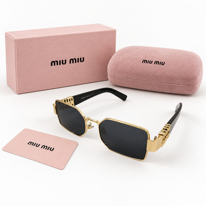 Miu Miu Logo-Hinge Rectangular Sunglasses – Black and Gold