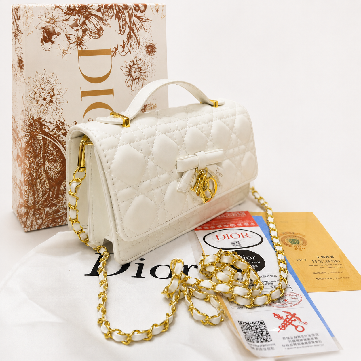 Dior Caro Glycine Cannage Quilted Chain Shoulder Bag