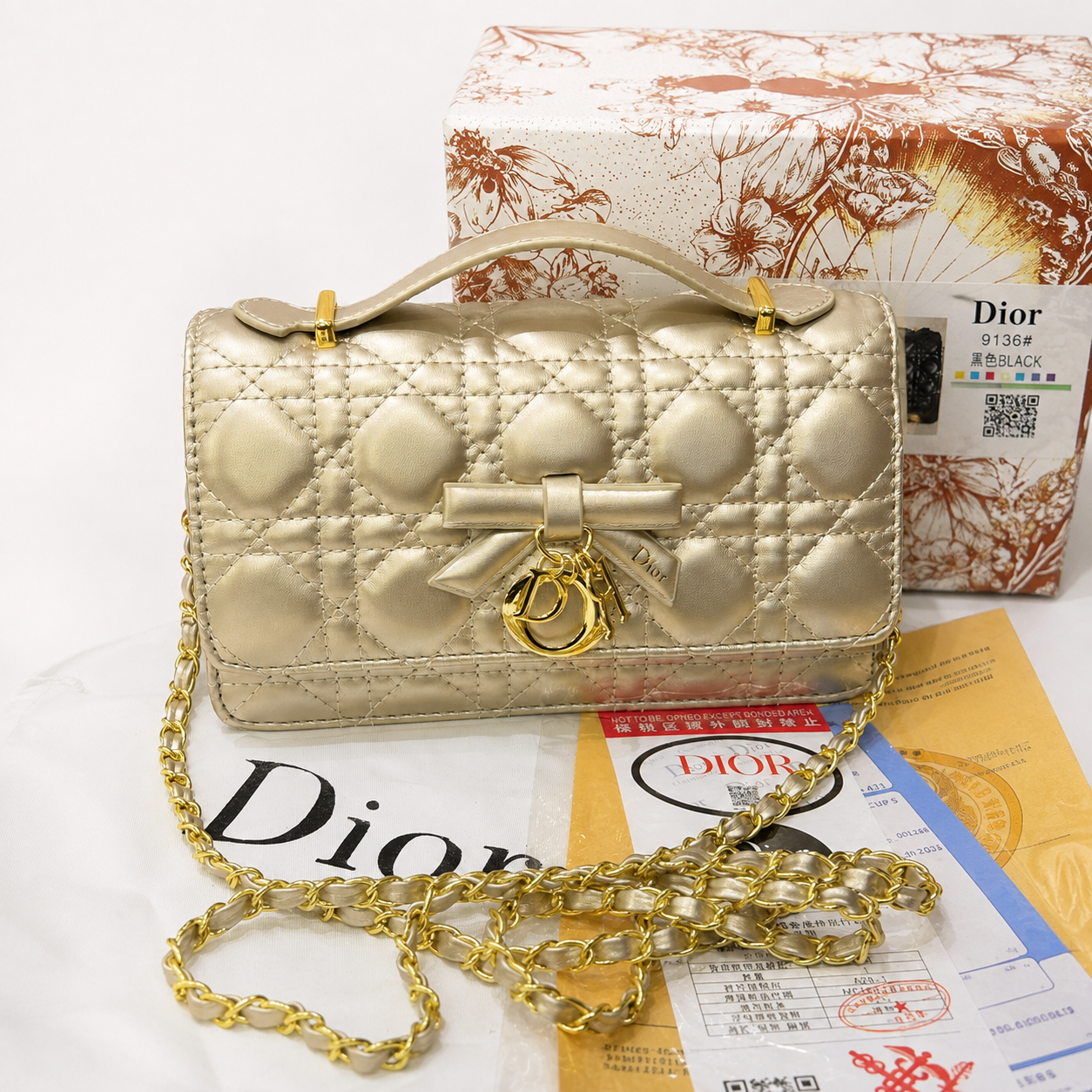Dior Caro Glycine Cannage Quilted Chain Shoulder Bag