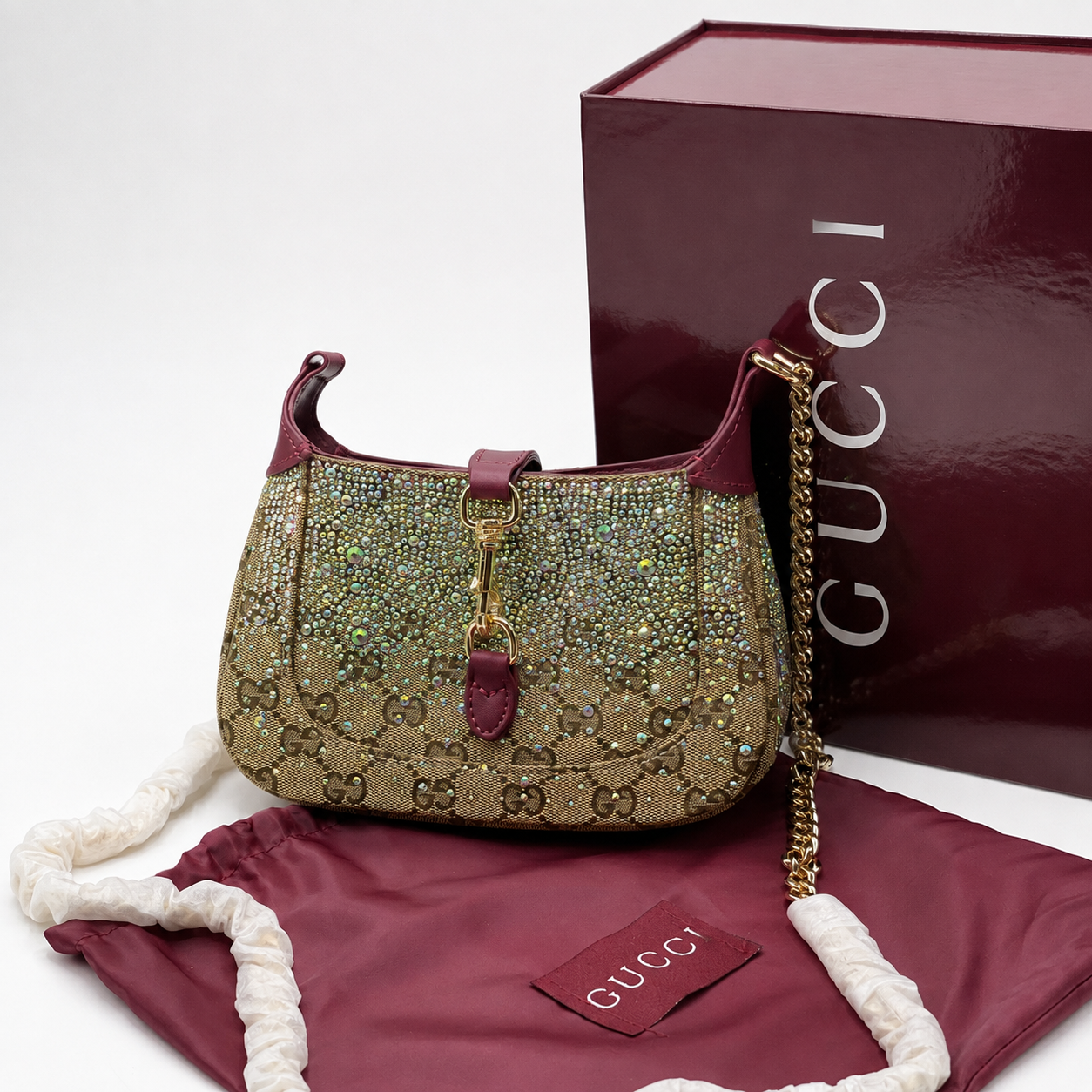 Gucci Jackie Crystal Monogram Chain Shoulder Bag