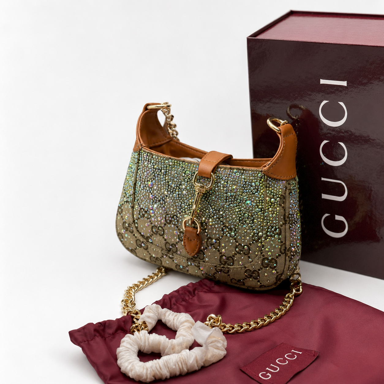 Gucci Jackie Crystal Monogram Chain Shoulder Bag