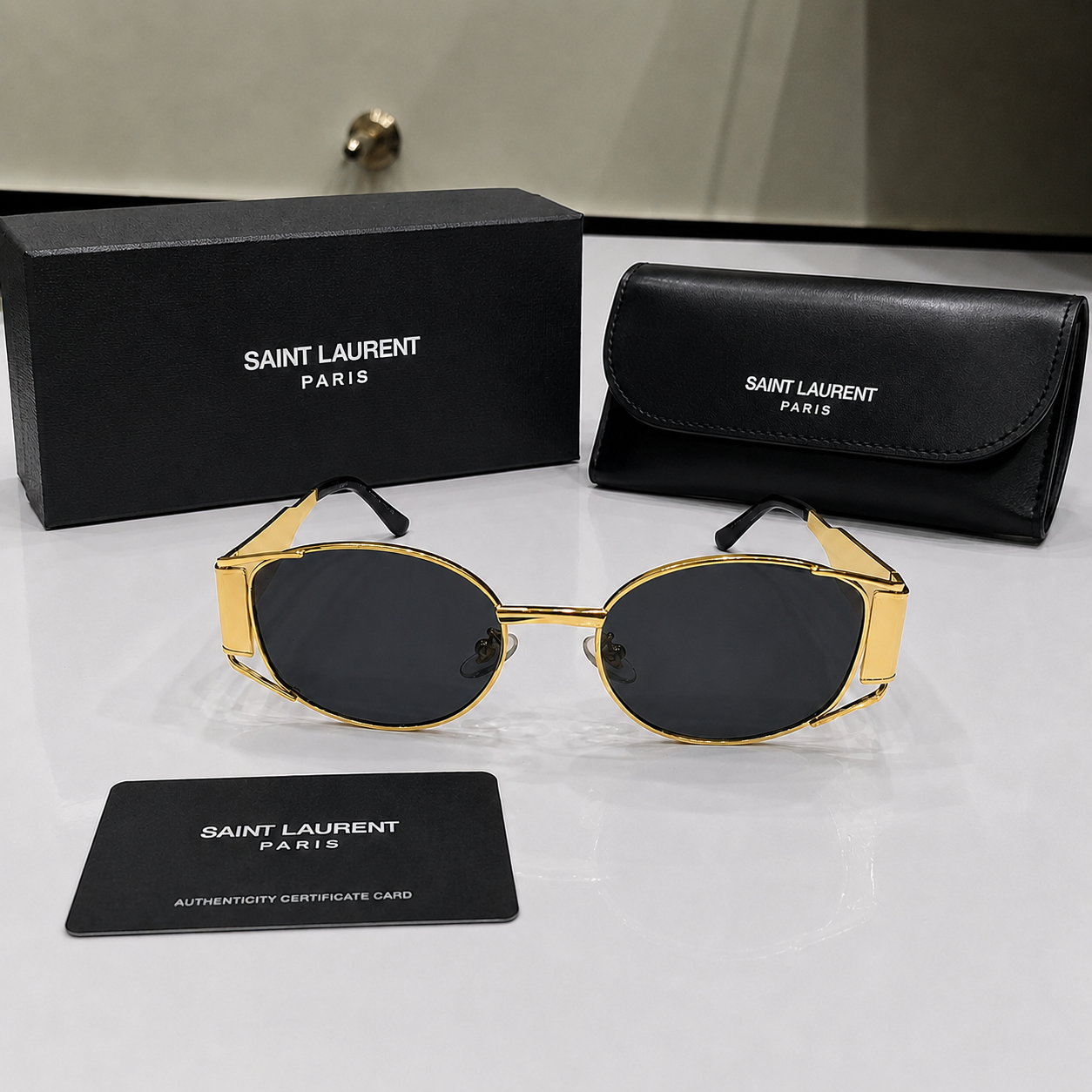 Saint Laurent Gold Oval Metal Sunglasses