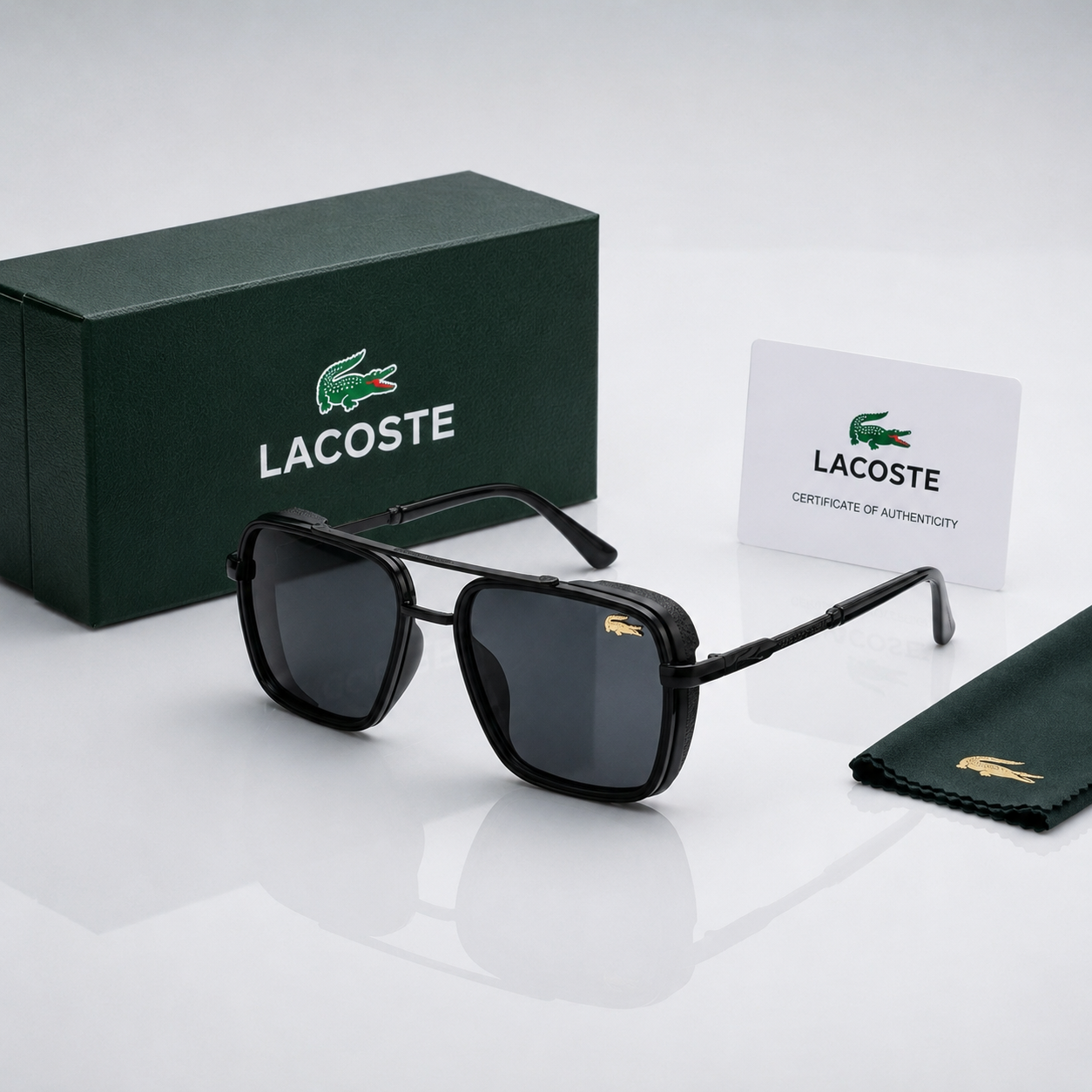 Lacoste Black Double-Bridge Square Navigator Sunglasses
