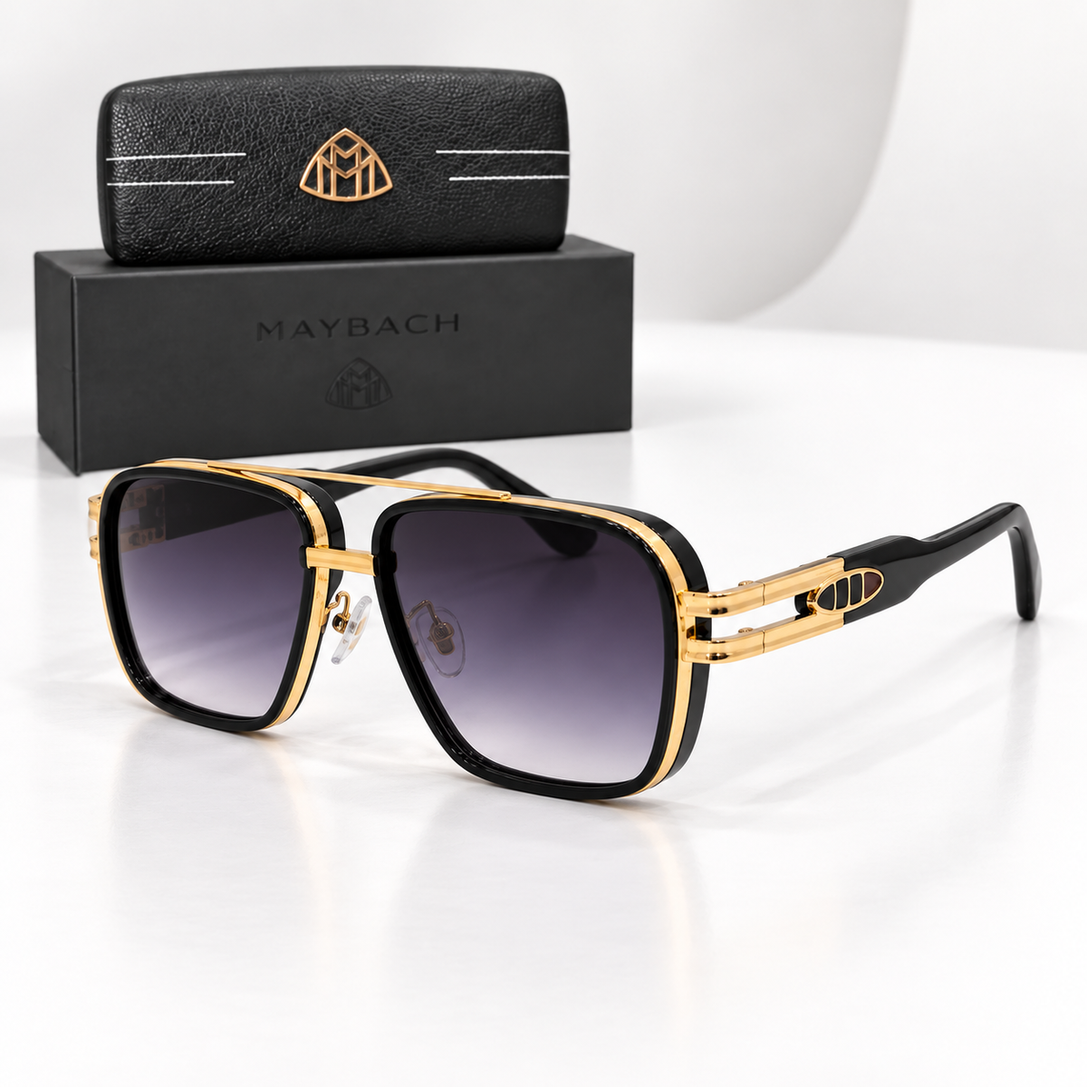 Maybach Black and Gold Square Double-Bridge Sunglasses