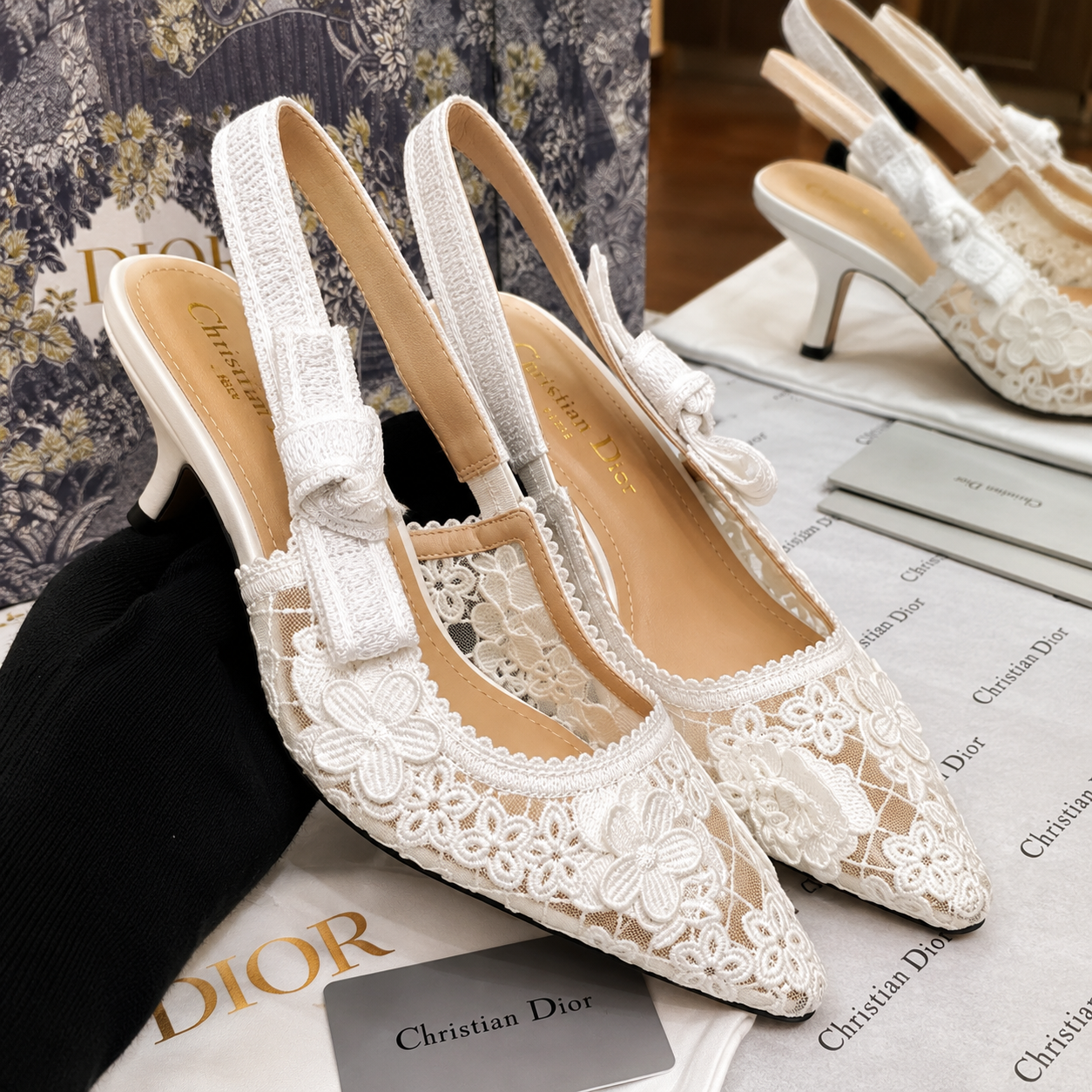 Christian Dior Floral Lace Slingback Heels