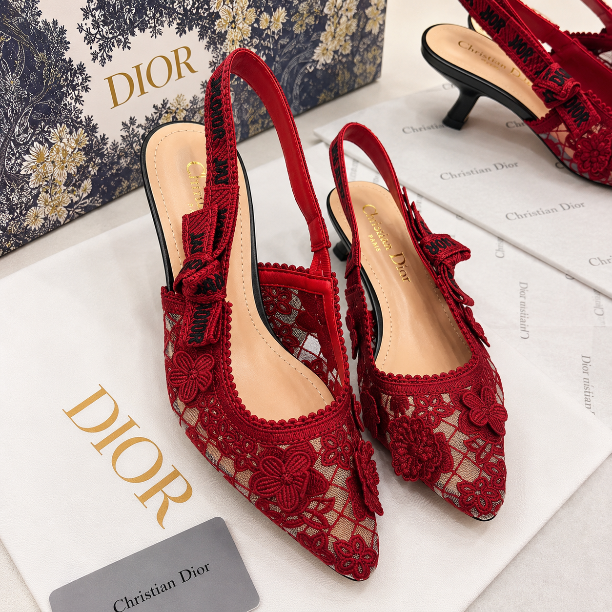 Christian Dior Floral Lace Slingback Heels