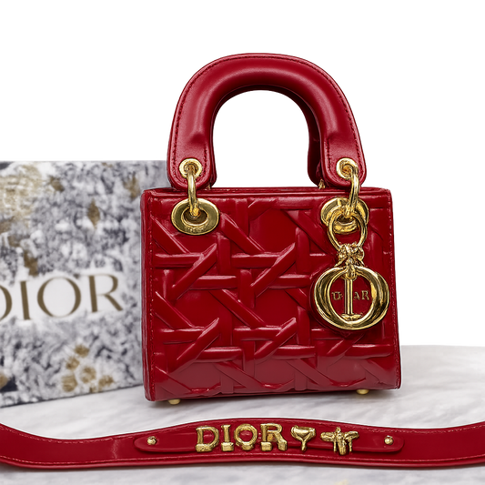 Christian Dior Lady Dior Mini Macrocannage Top Handle Bag - Red