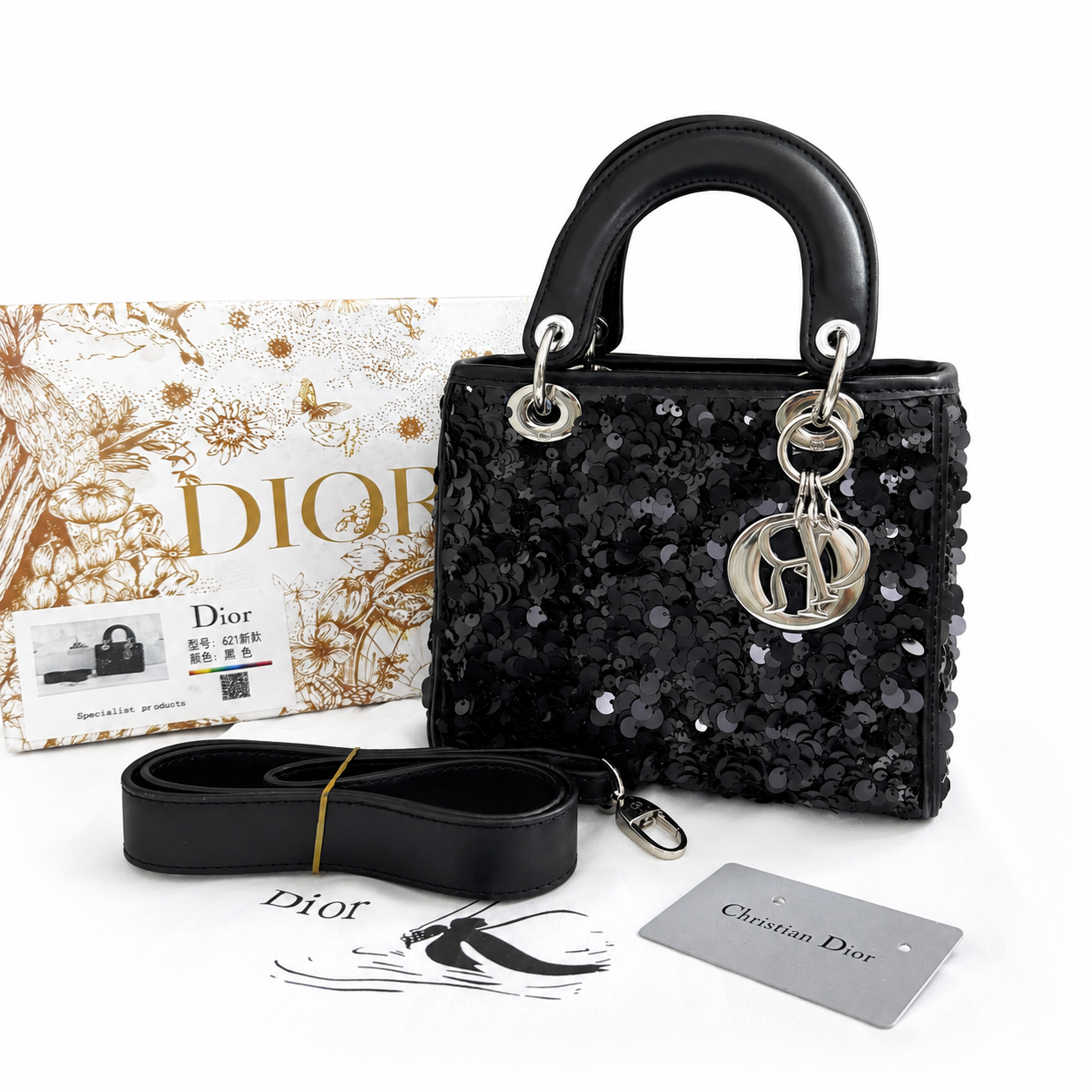 Christian Dior Lady Dior Sequin Mini Top Handle Bag