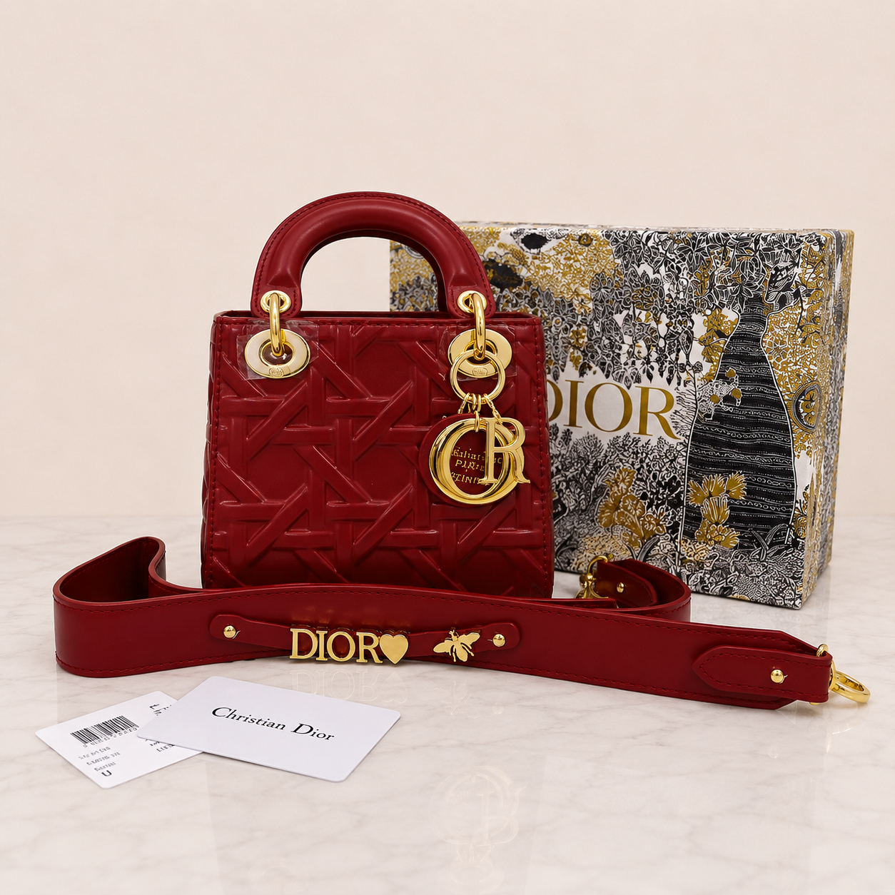 Christian Dior Lady Dior Mini Macrocannage Top Handle Bag - Red