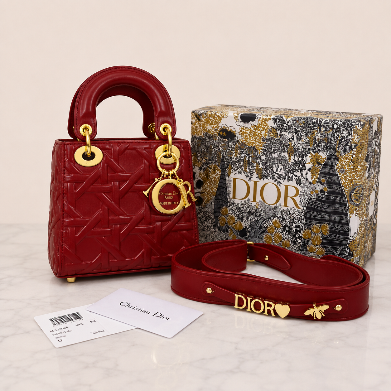 Christian Dior Lady Dior Mini Macrocannage Top Handle Bag - Red