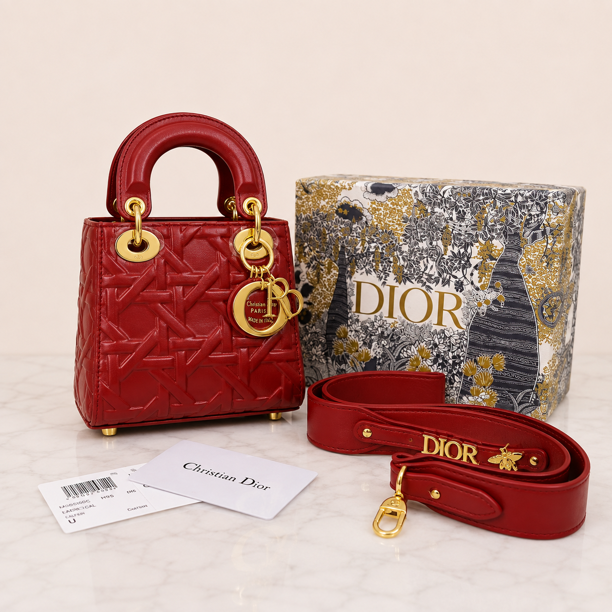 Christian Dior Lady Dior Mini Macrocannage Top Handle Bag - Red