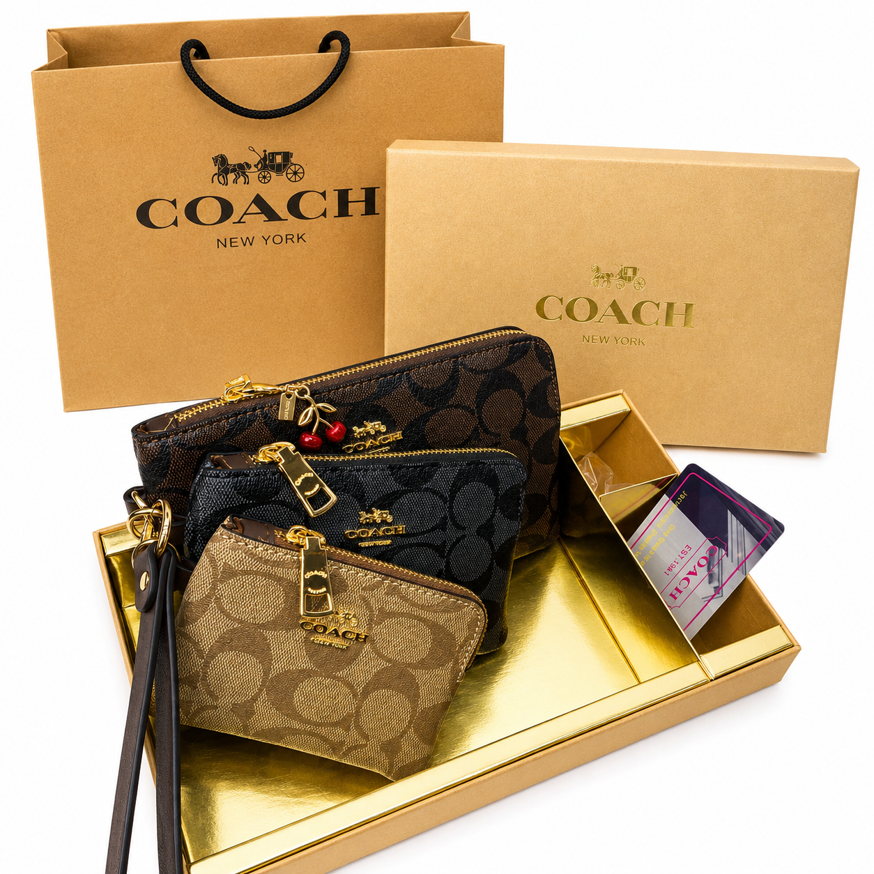 Coach Signature Canvas Wristlet Pouch Set