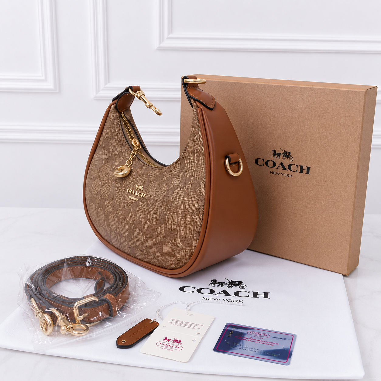 Coach Signature Monogram Crescent Shoulder Bag