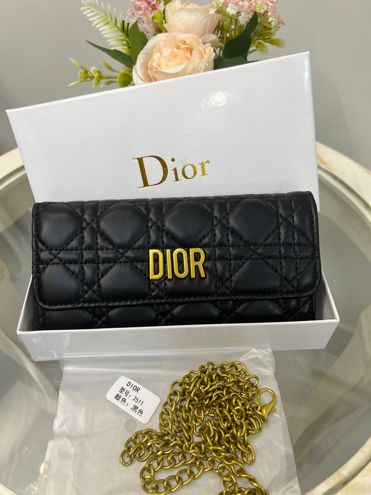 Dior Cannage Quilted Chain Wallet Style