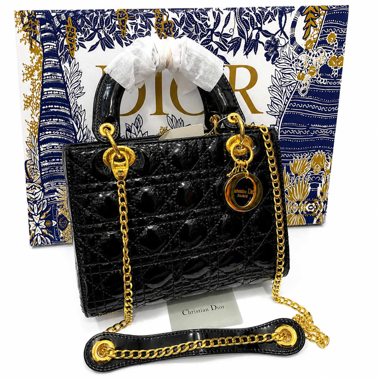 Dior Lady Dior Cannage Patent Top Handle Bag