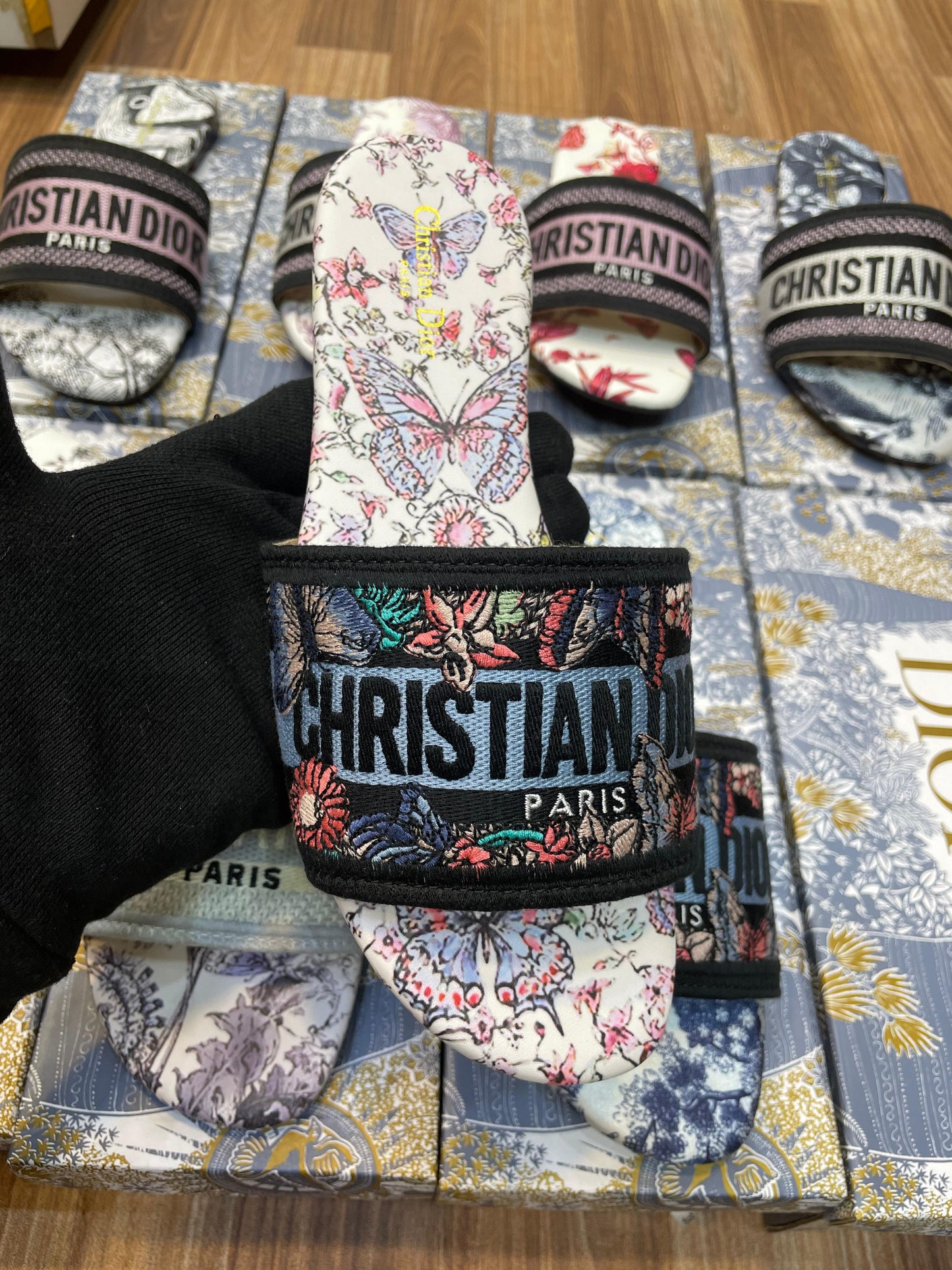 Dior Style Floral Print Slide Sandals