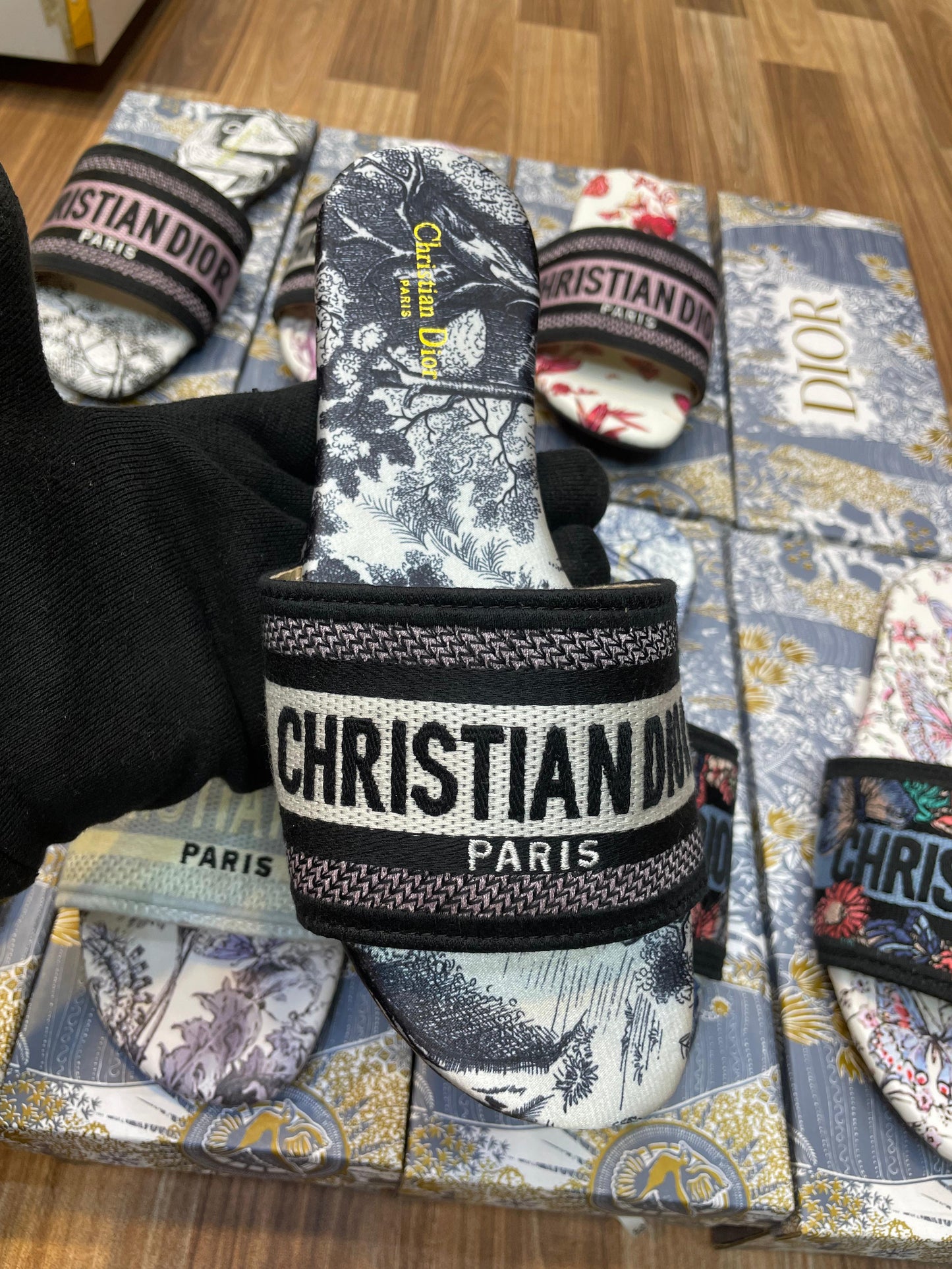 Dior Style Floral Print Slide Sandals