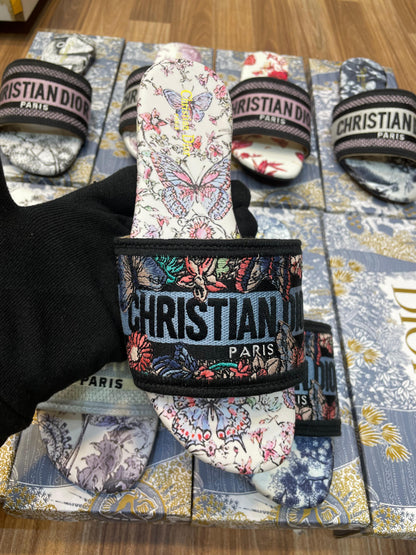 Dior Style Floral Print Slide Sandals