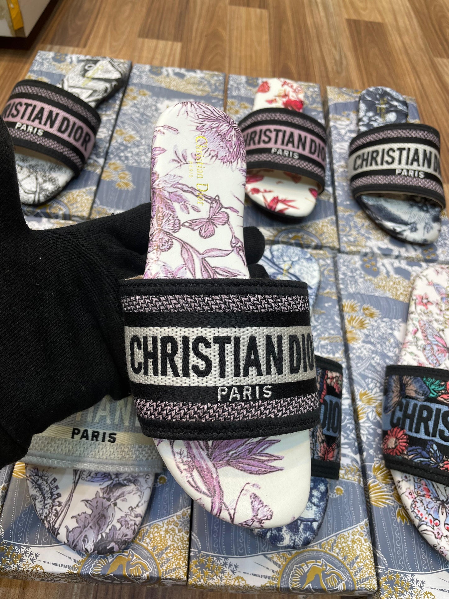 Dior Style Floral Print Slide Sandals