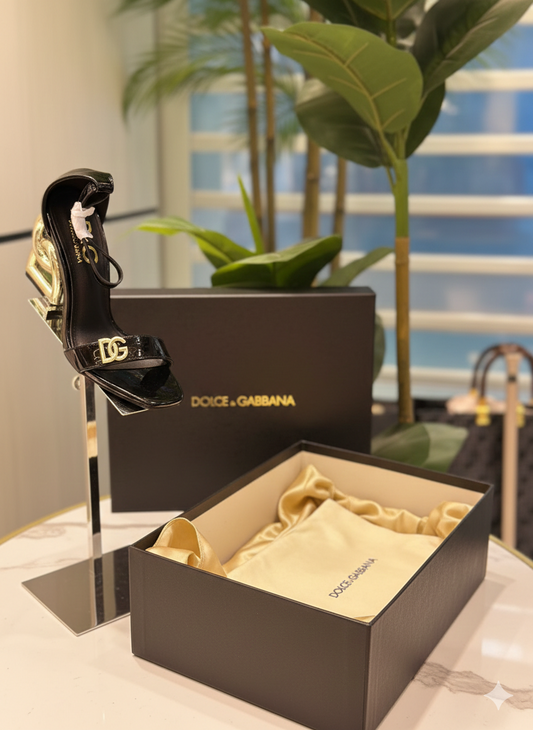 Dolce & Gabbana Patent Leather Sandals with Sculpted Gold Heel