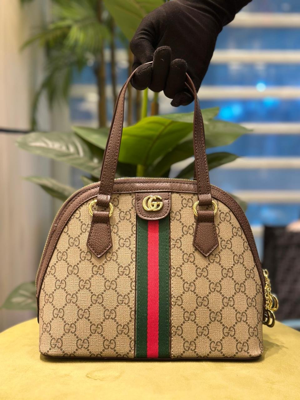 Gucci GG Supreme Mini Dome Top Handle Bag with Web Stripe
