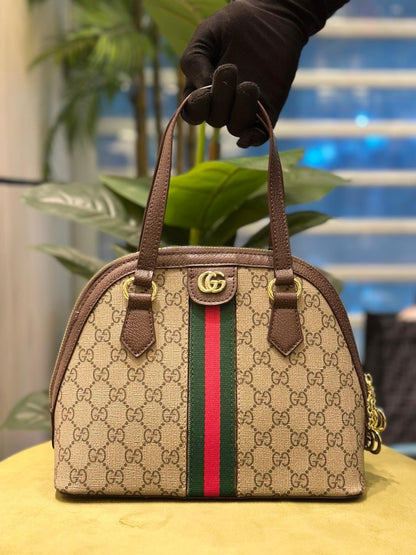 Gucci GG Supreme Mini Dome Top Handle Bag with Web Stripe
