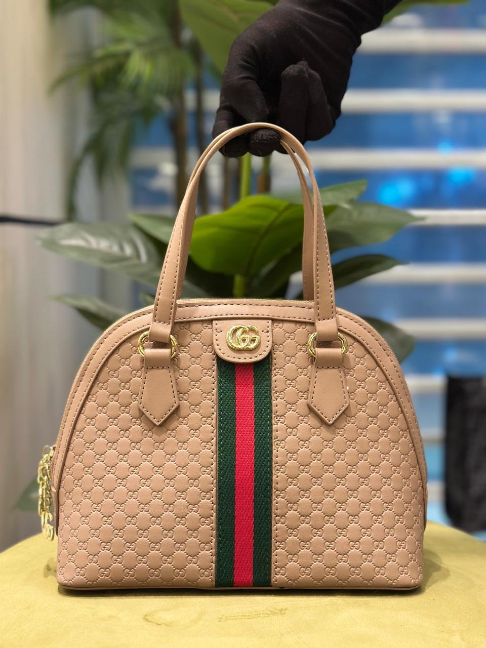 Gucci GG Supreme Mini Dome Top Handle Bag with Web Stripe