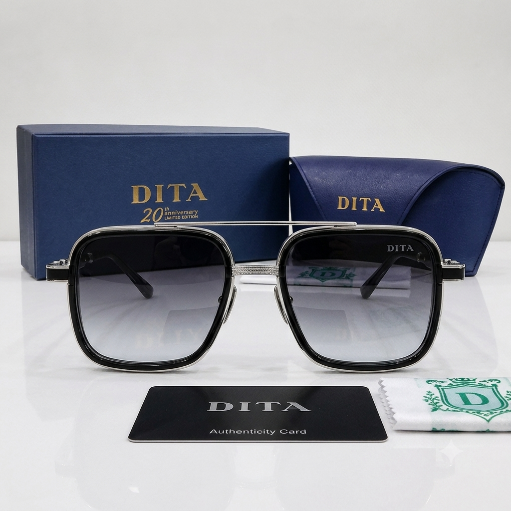 DITA Silver and Black Oversized Square Navigator Sunglasses