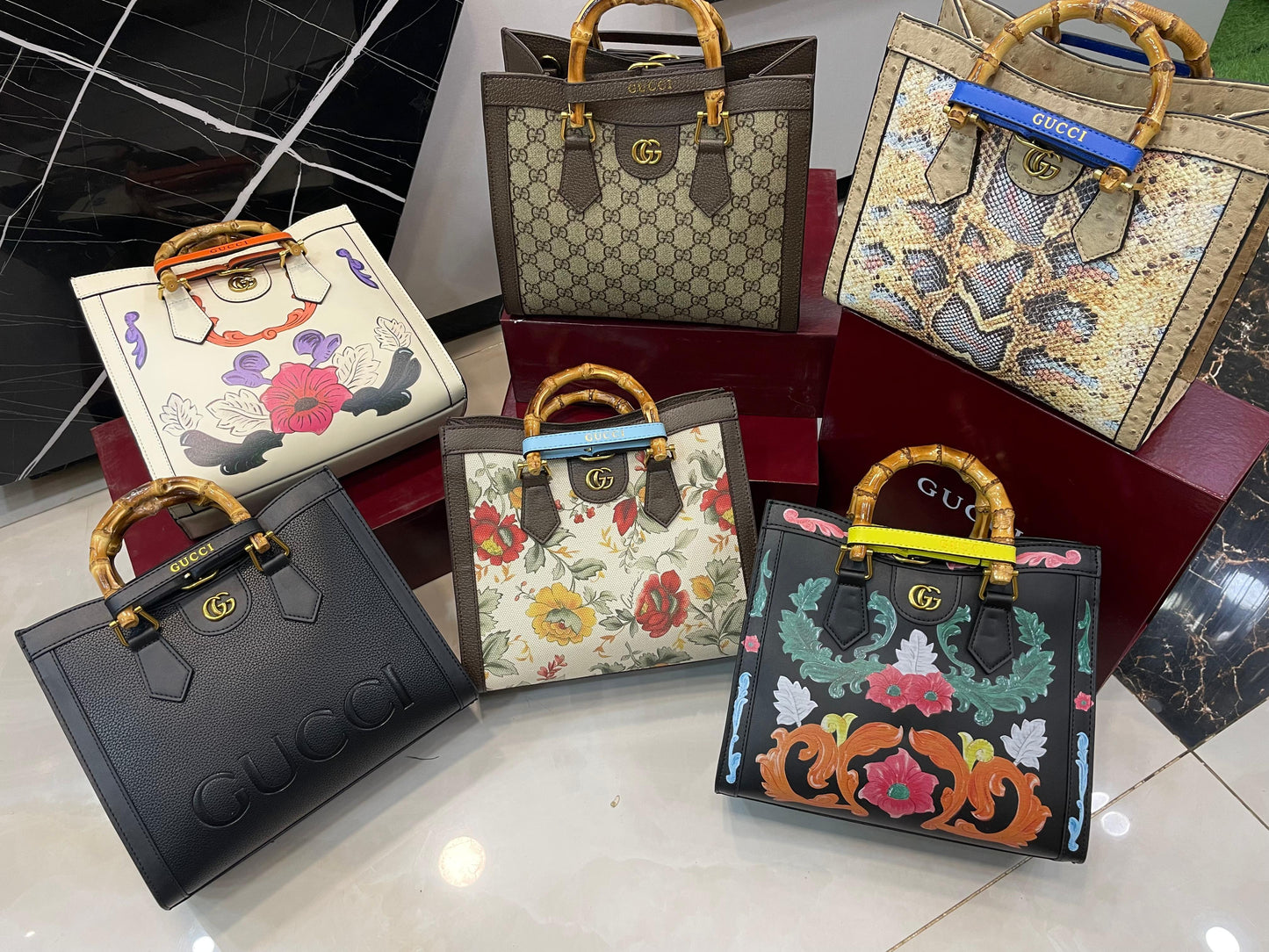 Gu-cci Bamboo Handle Tote Bag Collection Style