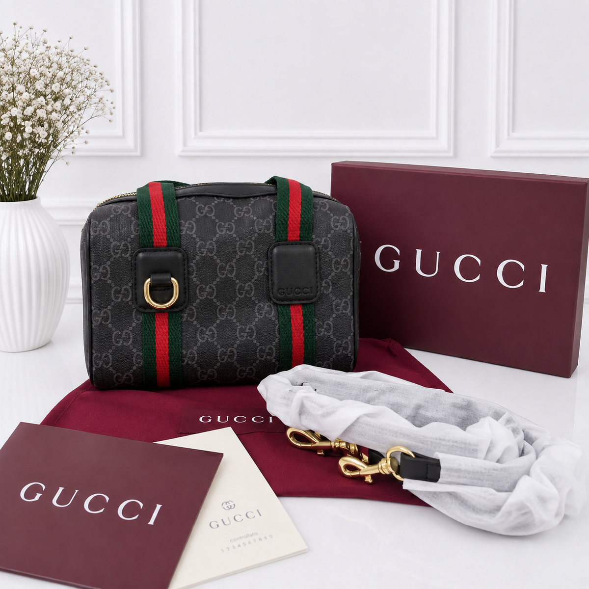 Gu-cci Mini GG Handbag (GG Supreme Canvas – Web Stripe)