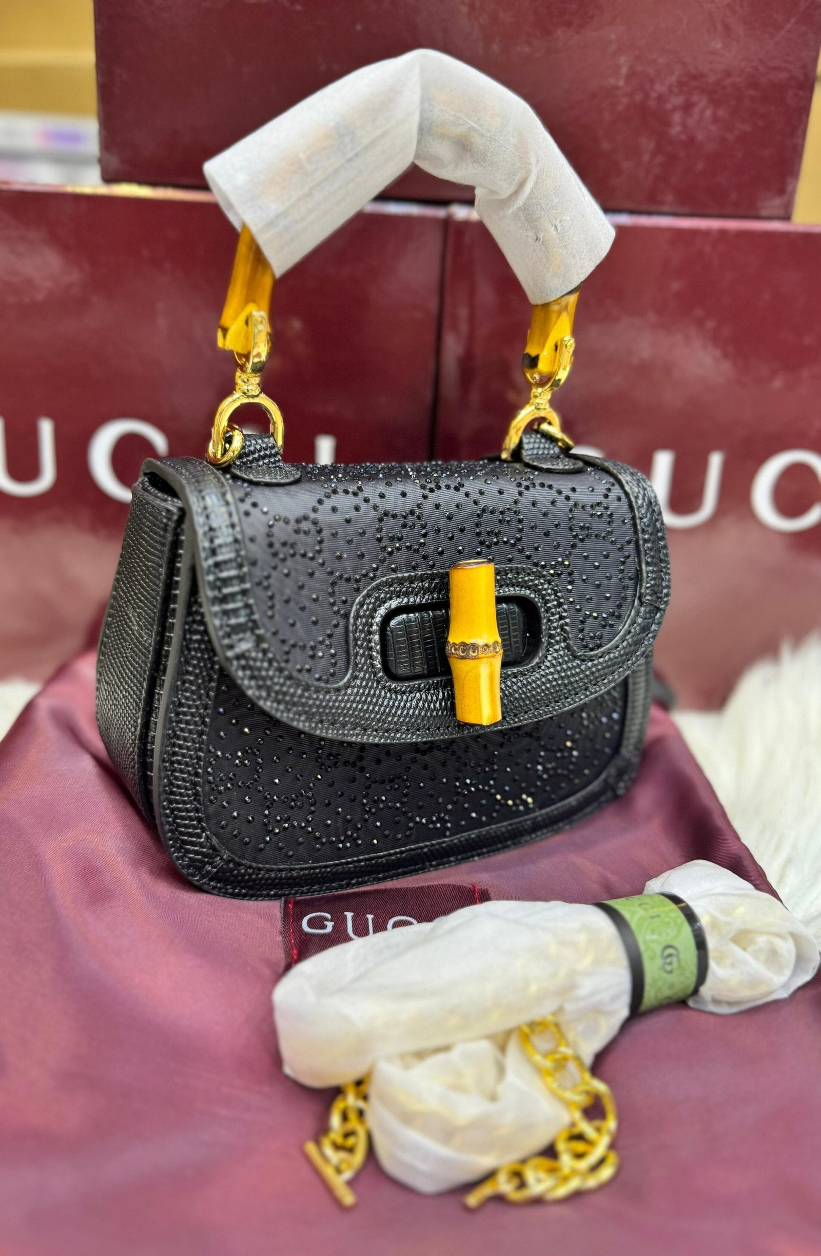 Gucci GG Canvas Bamboo 1947 Mini Top Handle Bag – GG Monogram Crystal Stud