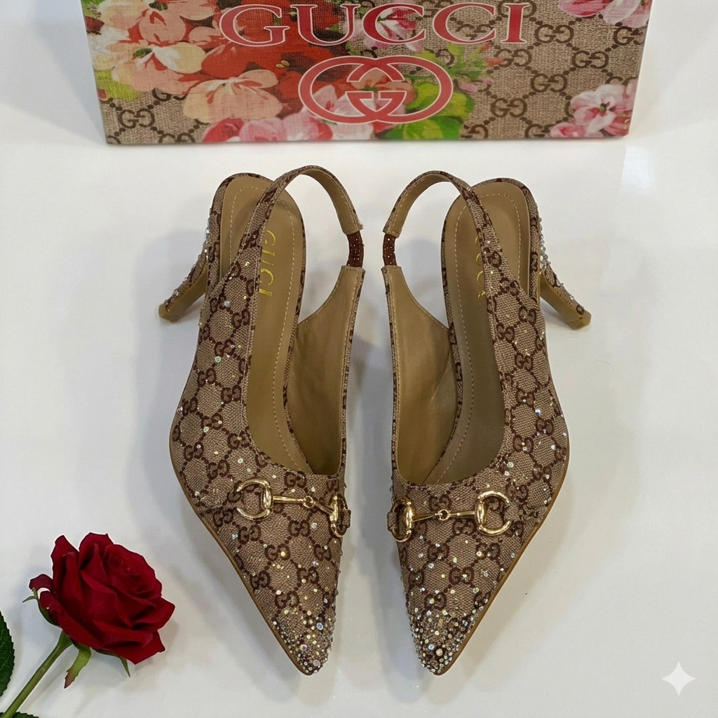 Gucci GG Canvas Crystal Embellished Slingback Kitten Heels