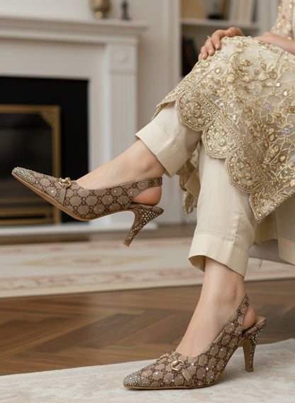 Gucci GG Canvas Crystal Embellished Slingback Kitten Heels