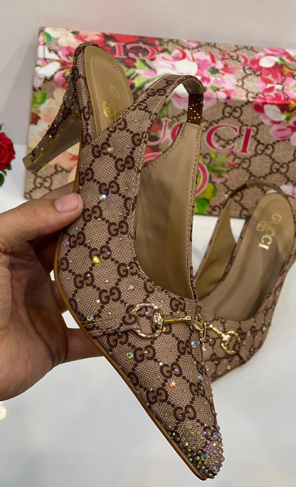 Gucci GG Canvas Crystal Embellished Slingback Kitten Heels