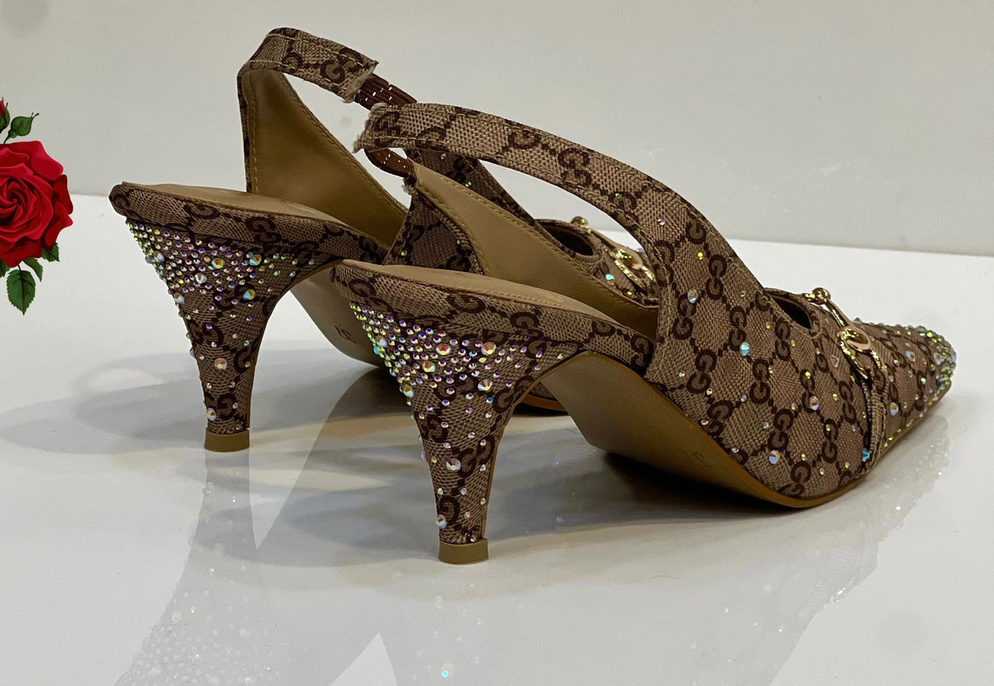 Gucci GG Canvas Crystal Embellished Slingback Kitten Heels