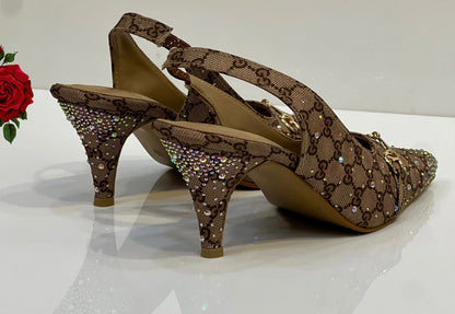 Gucci GG Canvas Crystal Embellished Slingback Kitten Heels