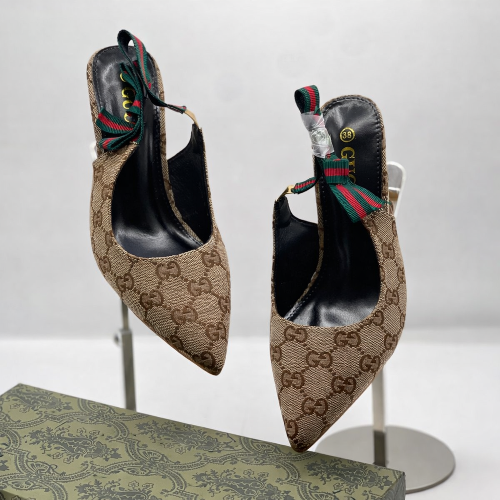 Gu-cci GG Canvas Slingback Heels (Web Strap Detail)