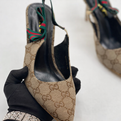 Gu-cci GG Canvas Slingback Heels (Web Strap Detail)