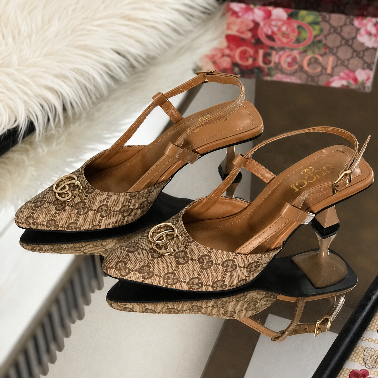 Gucci GG Canvas Slingback Kitten Heels