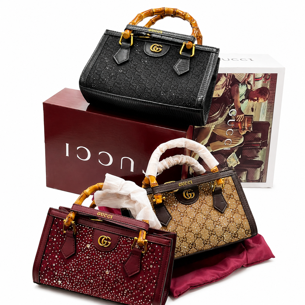 Gucci GG Crystal Embellished Bamboo Handle Mini Tote Bag