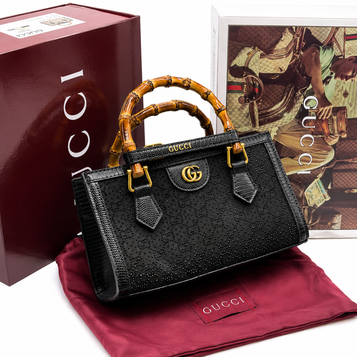 Gucci GG Crystal Embellished Bamboo Handle Mini Tote Bag