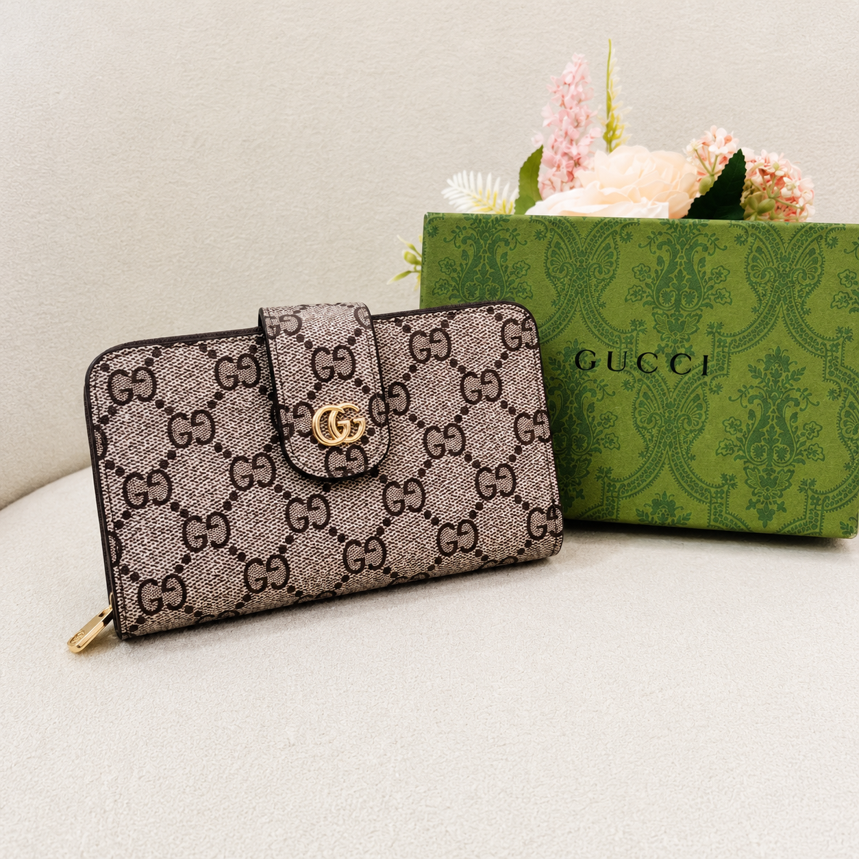 Gucci GG Monogram Continental Wallet – Beige/Brown Edition
