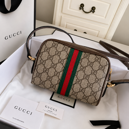 Gucci GG Web Stripe Crossbody Bag – Beige/Brown Edition