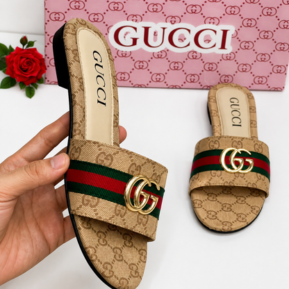 Gucci GG Web Stripe Slide Sandals – Beige Edition