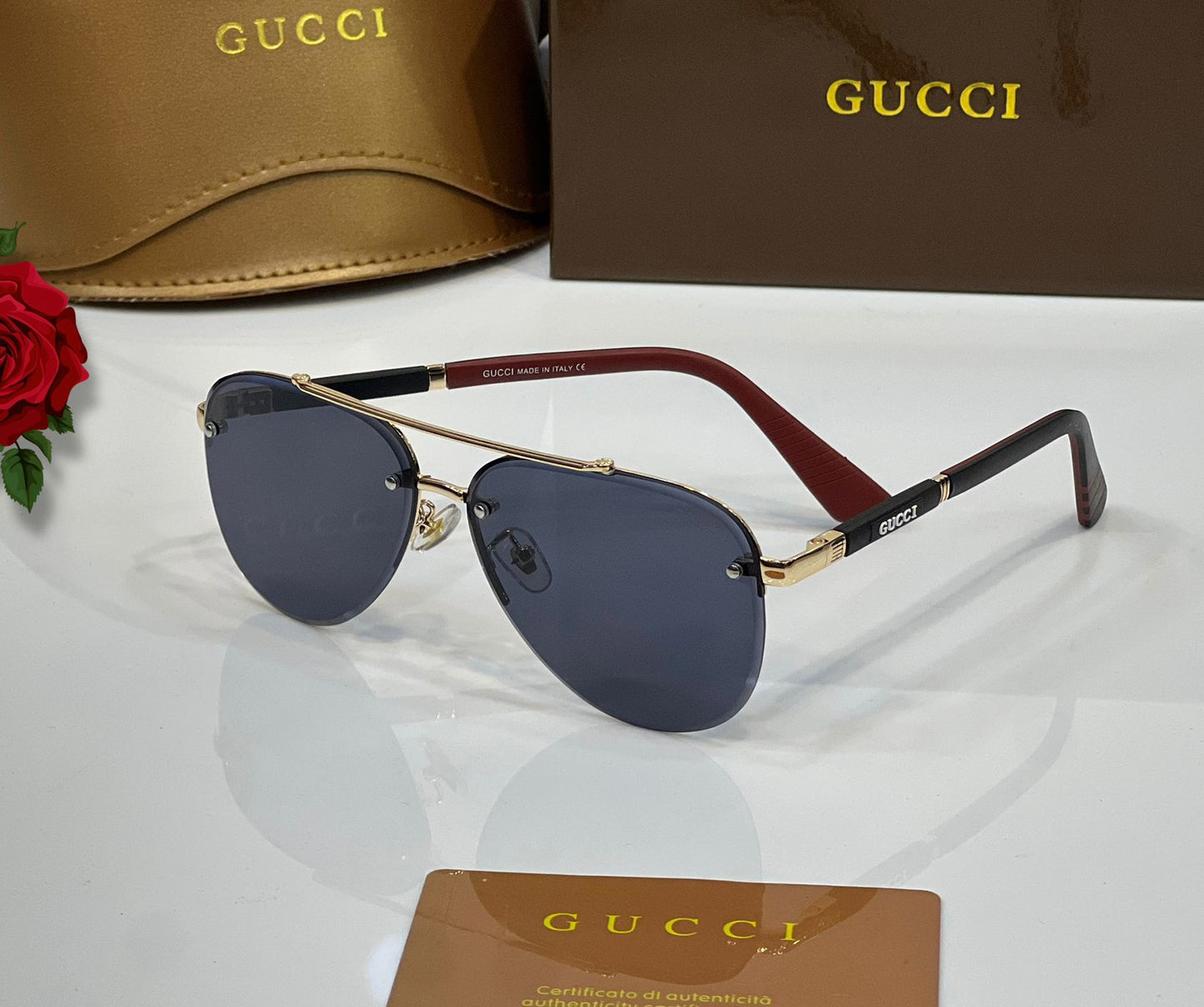 Gucci Signature Rimless Gold Aviator Sunglasses
