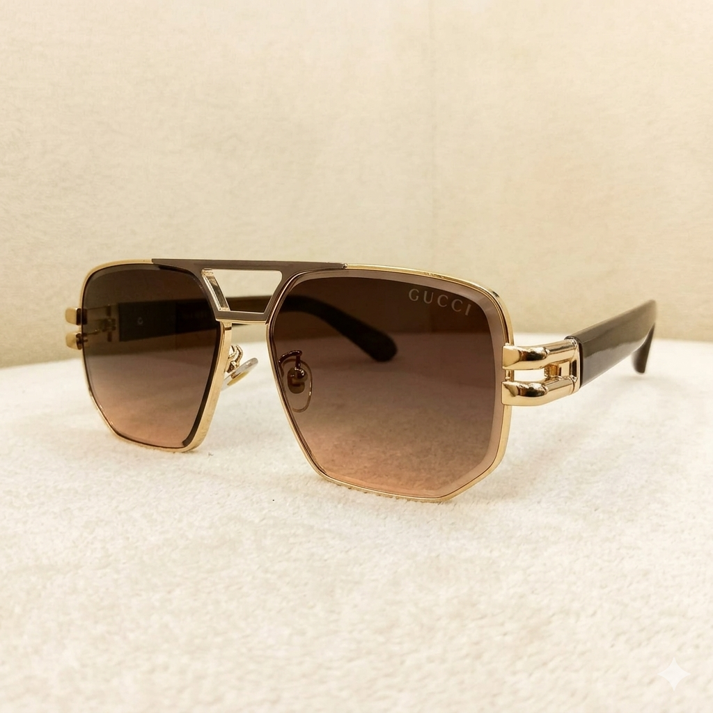 Gucci Square Aviator Style Gold Frame Sunglasses