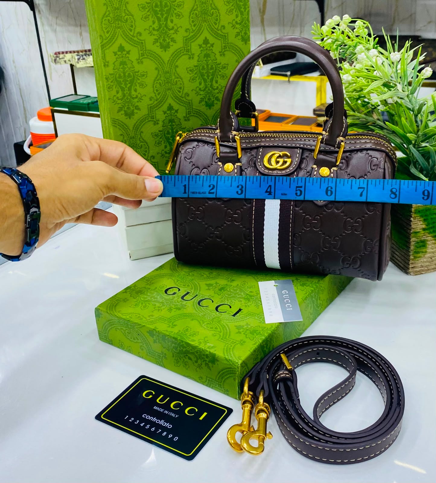 Gucci GG Leather Ophidia Mini Boston Crossbody Bag