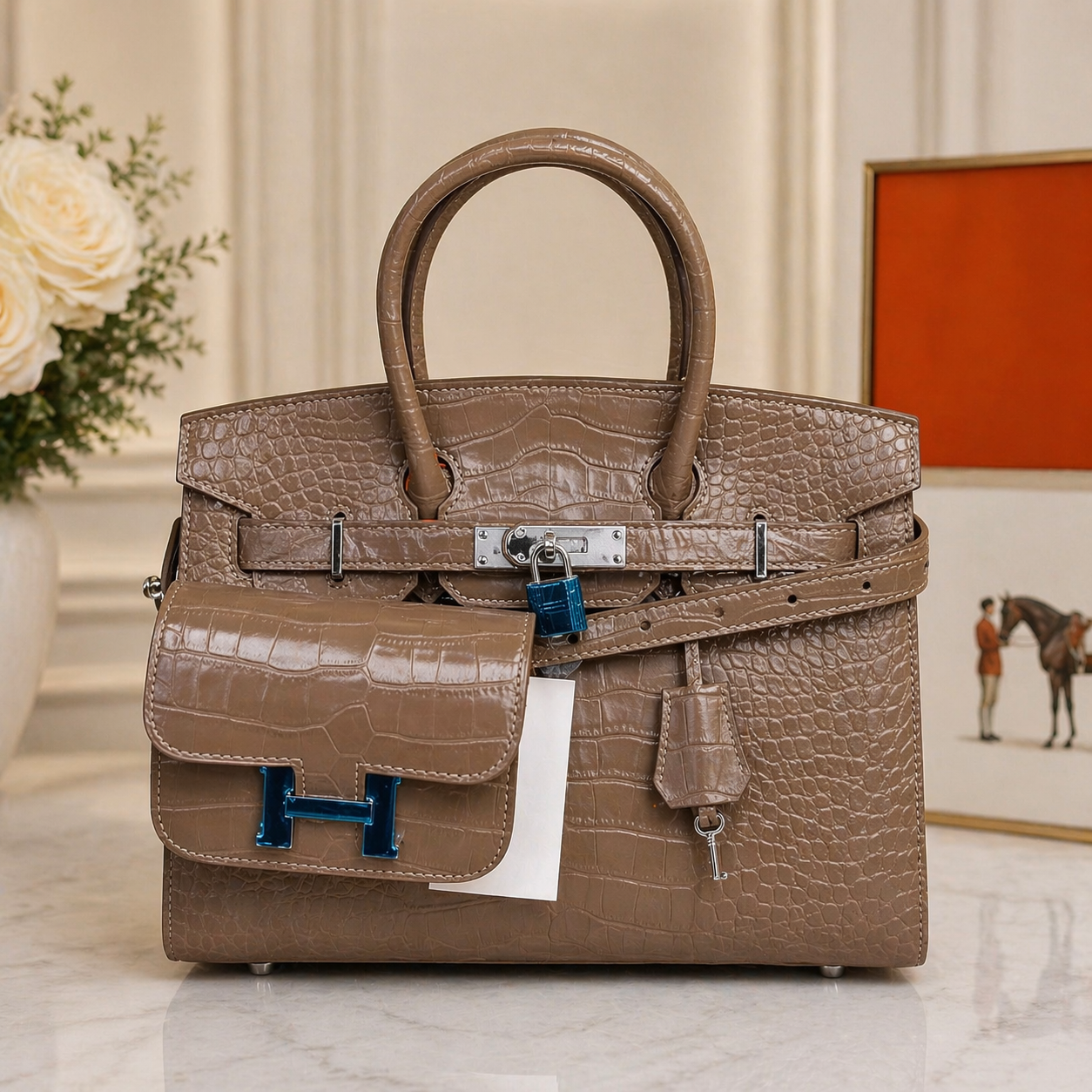 Hermès Birkin Style Bag with Constance Mini Pouch (Croc-Embossed Leather)