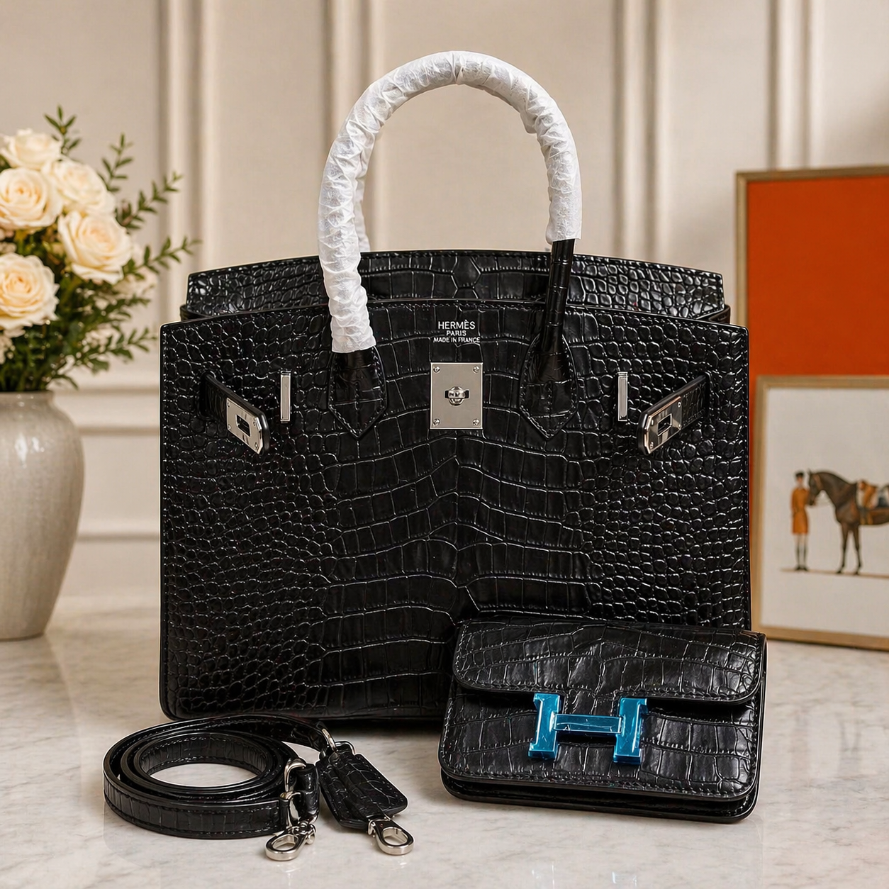 Hermès Birkin Style Bag with Constance Mini Pouch (Croc-Embossed Leather)